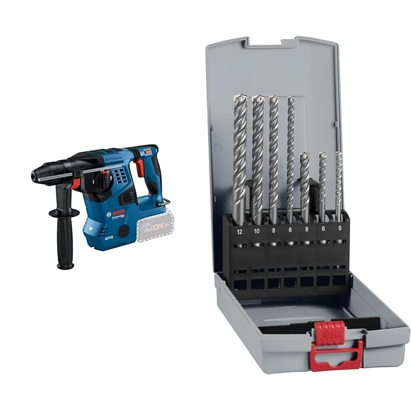 Bosch Professional 18V System Cordless Rotary Hammer GBH 18V-28 C + 7X PRO SDS plus-5X Hammer Drill Bit Set (for Concrete, Lime and Sand Bricks, Ø 5-12 mm)
