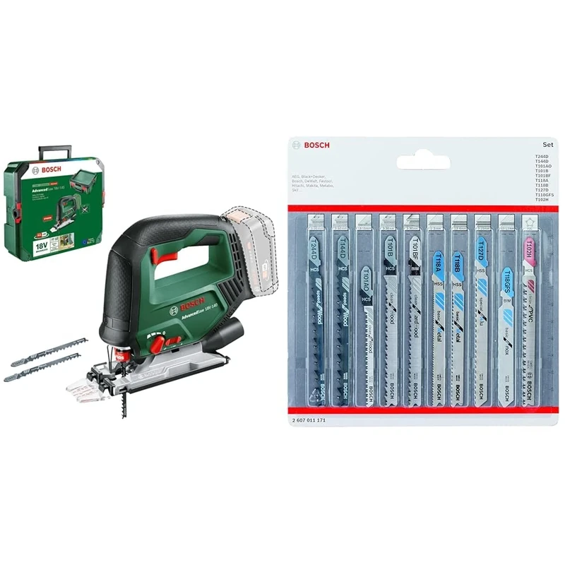 Bosch Cordless Jigsaw AdvancedSaw 18V-140 (Cutting Depth in Wood/Steel/Alu:140 mm/10mm/20mm; 3X Blades; Without Battery and Charger) + 10-Piece Set Jigsaw Blades Set (for Wood and Metal, Accessories)