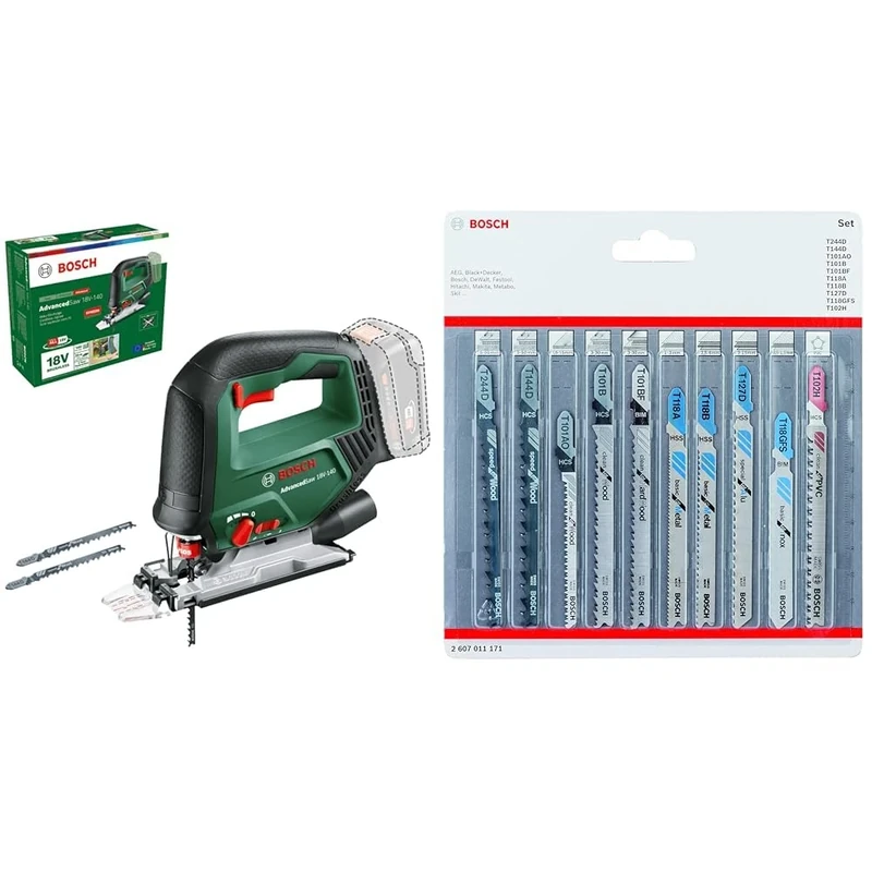 Bosch Cordless Jigsaw AdvancedSaw 18V-140 (Cutting Depth in Wood/Steel/Alu: 140 mm/10mm/20mm; 3 x Jigsaw Blades; 18V System) + 10-Piece Set Jigsaw Blades Set (for Wood and Metal, Accessories)