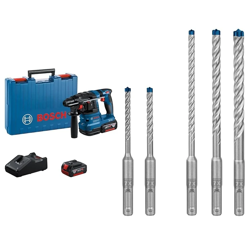 Bosch Professional 18V System Cordless Rotary Hammer GBH 18V-22 + 5X Expert SDS plus-7X Hammer Drill Bit Set (for Soft Stone, Hard Stone, Ø 5-10 mm)