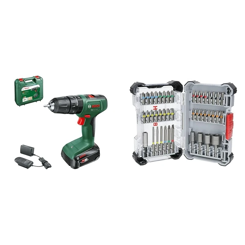 Bosch Home and Garden Cordless Hammer Drill EasyImpact 18V-40 (1 Battery 2.0 Ah, 18 Volt System, in Carrying case) + 43x Extra Hard Screwdriver Bit Set (197 x 110.5 mm, Accessories)