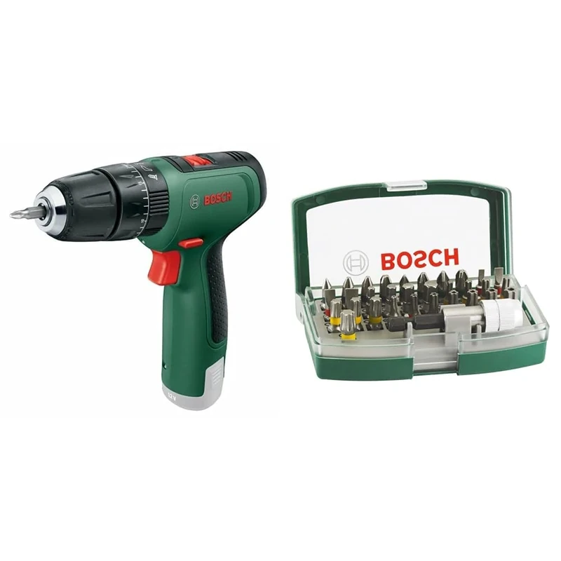 Bosch Cordless Hammer Drill EasyImpact 1200 (Without Battery, 12 Volt System, in Carton Packaging) + 32pc. Screwdriver Bit Set (PH-, PZ-, Hex-, T-, TH-, S-Bit, Accessories Drill and Screwdriver)