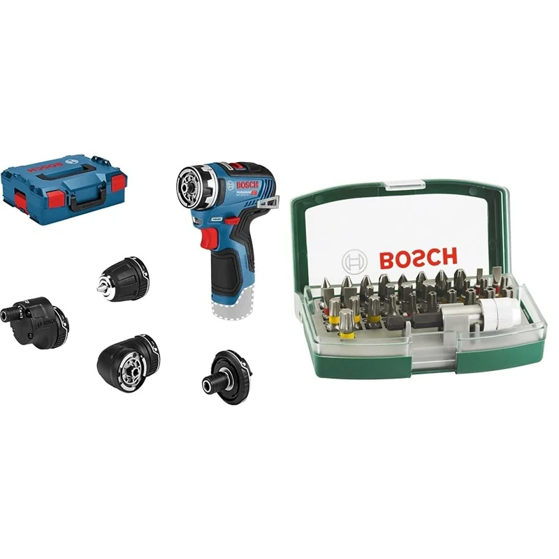 Bosch Professional 12V System GSR 12V-35 FC Cordless Drill/Driver (incl. 4 FlexiClick adapters, Without Battery/Charger) + 32pc. Screwdriver Bit Set (PH-, PZ-, Hex-, T-, TH-, S-Bit, Accessories)