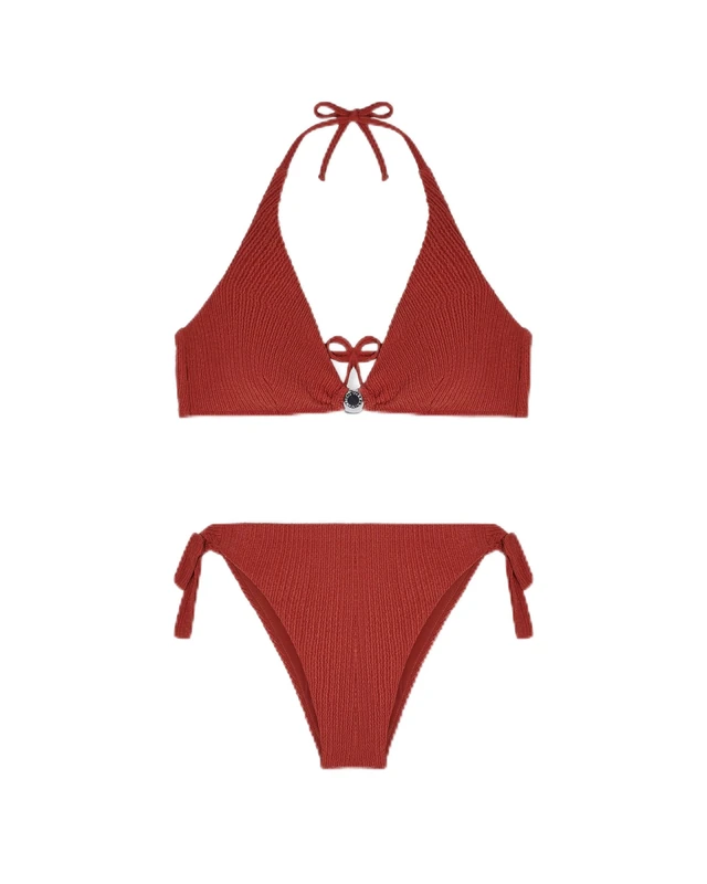 Women's Textured Lycra Triangle+HIGH Waist Brief Bikini Pink L
