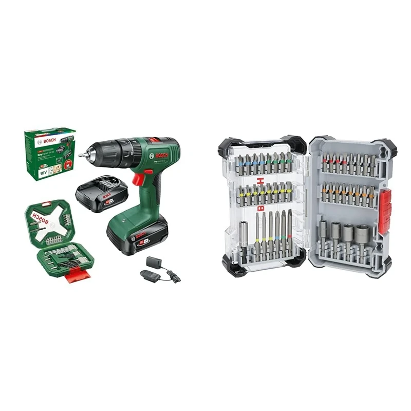 Bosch Cordless Hammer Drill EasyImpact 18V-40 (2X 2.0 Ah Battery, 18 Volt System, in Cardboard Package) + 43x Extra Hard Screwdriver Bit Set (197 x 110.5 mm, Accessories)