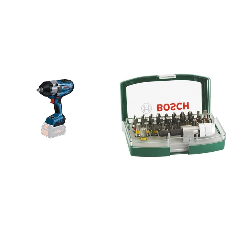 Bosch Professional 18V System BITURBO Cordless Impact Driver GDS 18V-1000 (Without Battery/Charger) + 32pc. Screwdriver Bit Set (PH-, PZ-, Hex-, T-, TH-, S-Bit, Accessories)