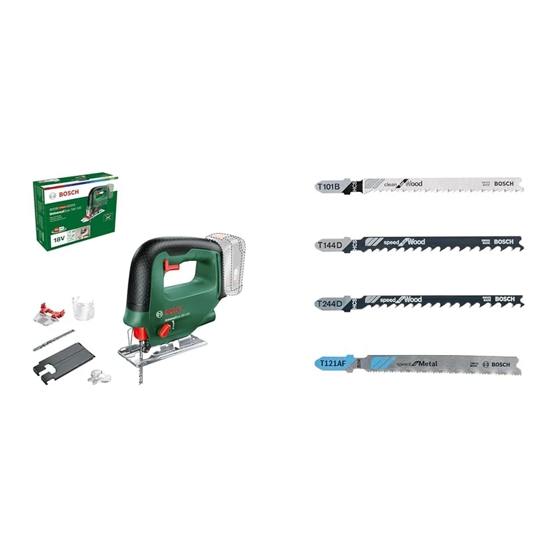 Bosch Home and Garden Cordless Jigsaw UniversalSaw 18V-100 (Without Battery, 18 Volt System, in Carton Packaging) + Tough Box Jigsaw Blade-Set with Single Lug Shank, Set of 40 Piece - Image 1