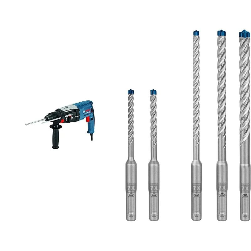 Bosch Professional Corded Rotary Hammer Drill with SDS Plus GBH 2-28 + 5X Expert SDS plus-7X Hammer Drill Bit Set (for Soft Stone, Hard Stone, Ø 5-10 mm)