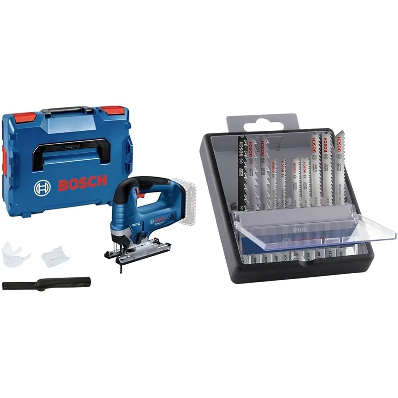 Bosch Professional 18V System Cordless Jigsaw GST 18V-125 B + 10x PRO Hardwood and Laminate Jigsaw Blade Set (for Hardwood, Parquet, Length 83 mm)