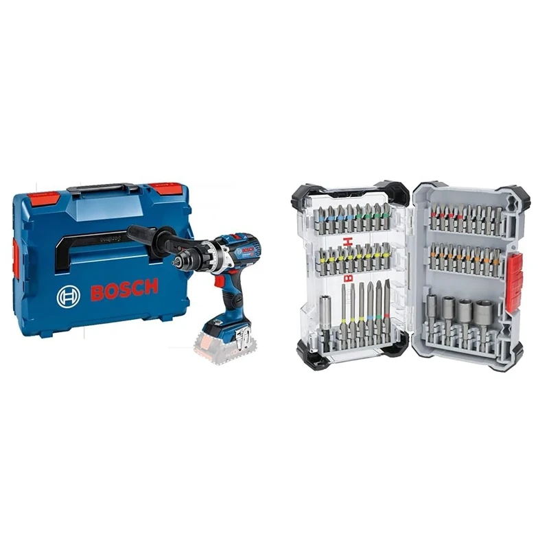 Bosch Professional 18V System Cordless Combi Drill GSB 18V-110 C (incl. Aux. Handle, L-BOXX, Without Battery/Charger) + 43x Extra Hard Screwdriver Bit Set (197 x 110.5 mm, Accessories)