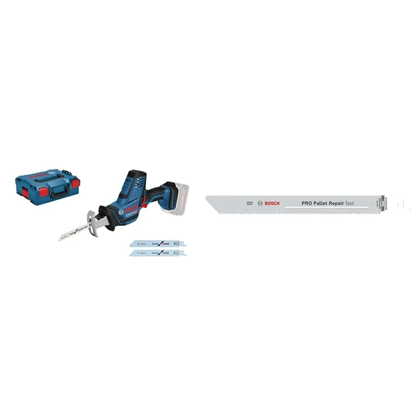 Bosch Professional 18V System Cordless Reciprocating Saw GSA 18 V-LI C + 5X PRO Pallet S1022HFR Repair Fast Reciprocating Saw Blade (for Steel, Wood with Nails, Length 200 mm)