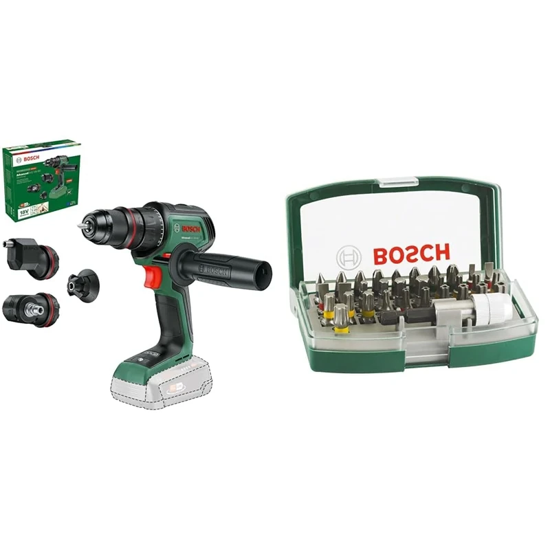 Bosch Cordless Drill Driver AdvancedDrill 18V-80 QuickSnap (for Drilling and Screwdriving; Eccentric & Angle Attachment; Auxiliary Handle; Without Battery) + 32pc. Screwdriver Bit Set