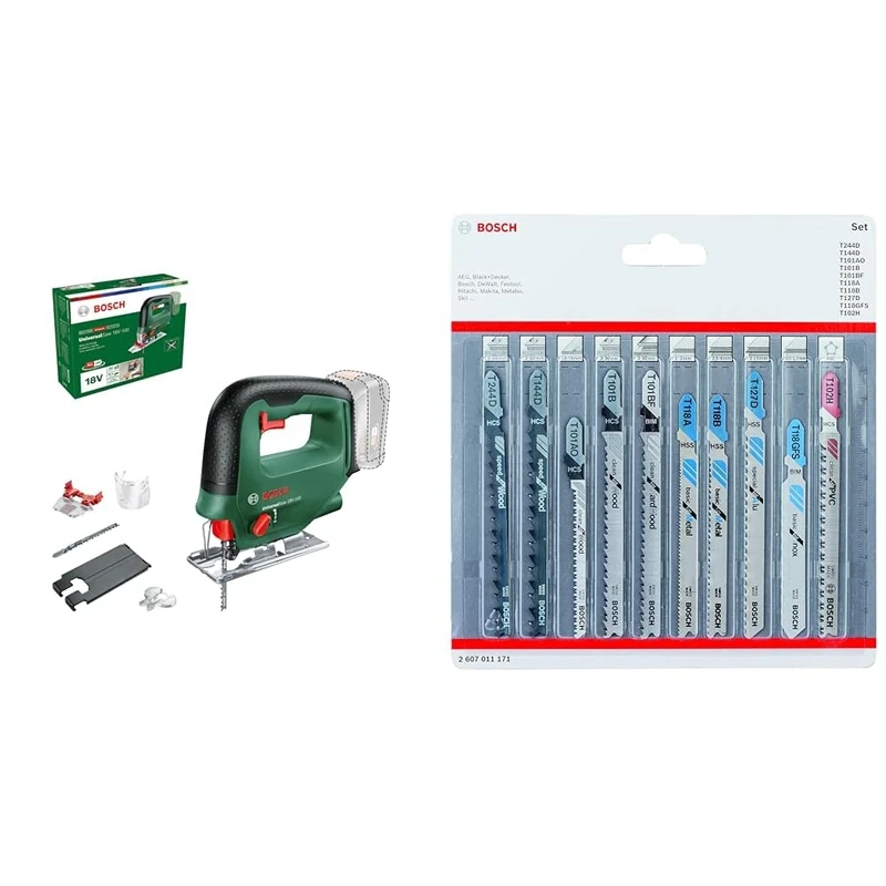Bosch Home and Garden Cordless Jigsaw UniversalSaw 18V-100 (Without Battery, 18 Volt System, in Carton Packaging) + 10-Piece Set Jigsaw Blades Set (for Wood and Metal, Accessories)