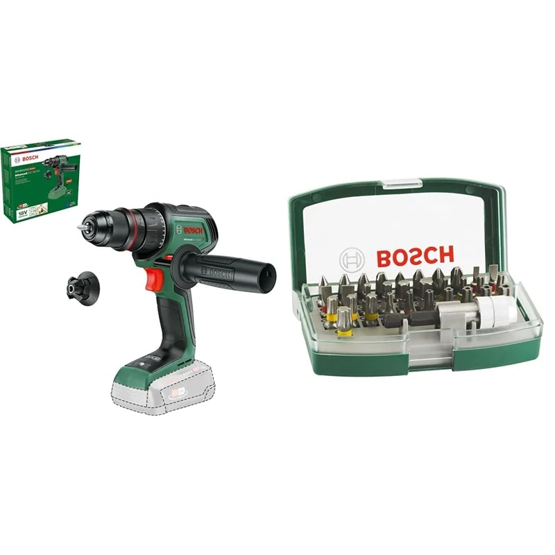 Bosch Cordless Drill Driver AdvancedDrill 18V-80 QuickSnap (for Drilling and Screwdriving; 18V System; Brushless Motor; 13 mm Metal Chuck; Magnetic Cap; Without Battery) + 32pc. Screwdriver Bit Set
