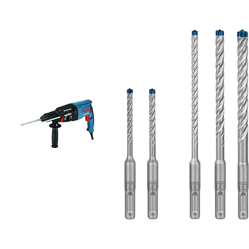 Bosch Professional Rotary Hammer GBH 2-26 F (Including Auxiliary Handle, Quick Change Chuck, Depth Stop) + 5X Expert SDS plus-7X Hammer Drill Bit Set (for Soft Stone, Hard Stone, Ø 5-10 mm)