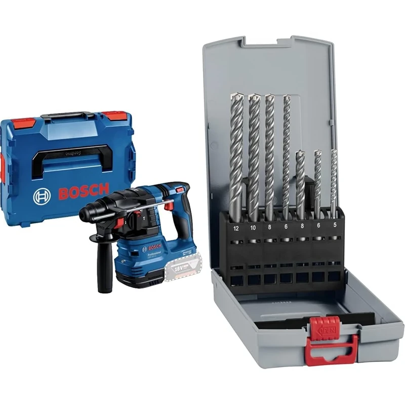 Bosch Professional 18V System Cordless Rotary Hammer GBH 18V-22 + 7X PRO SDS plus-5X Hammer Drill Bit Set (for Concrete, Lime and Sand Bricks, Ø 5-12 mm)