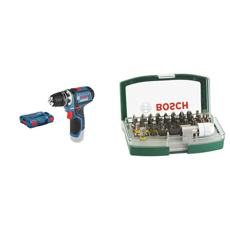 Bosch Professional 12V System Cordless Drill Driver – FlexiClick System (incl. GFA 12-B Drill Chuck Adapter, 2X L-BOXX Inlay, L-BOXX, Without Battery/Charger) + 32pc. Screwdriver Bit Set