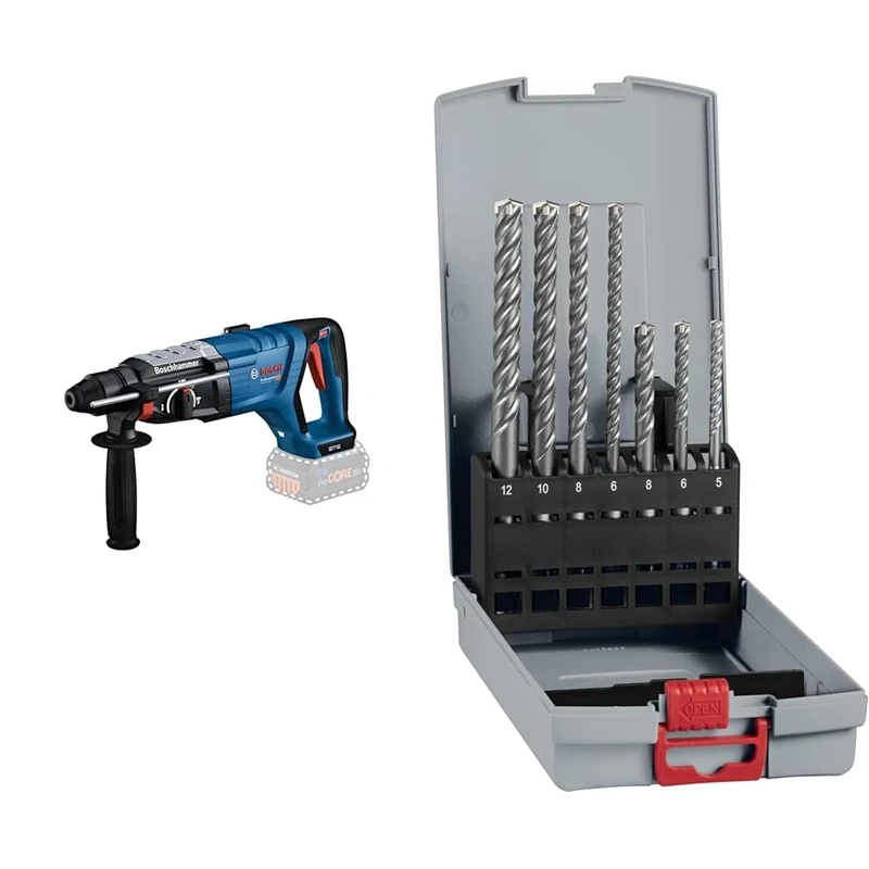 Bosch Professional 18V System Cordless Rotary Hammer GBH 18V-28 D + 7X PRO SDS plus-5X Hammer Drill Bit Set (for Concrete, Lime and Sand Bricks, Ø 5-12 mm)