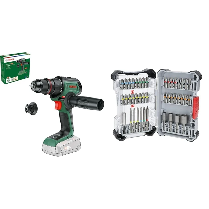Bosch Cordless Drill Driver AdvancedDrill 18V-80 QuickSnap + 43x Extra Hard Screwdriver Bit Set (197 x 110.5 mm, Accessories)