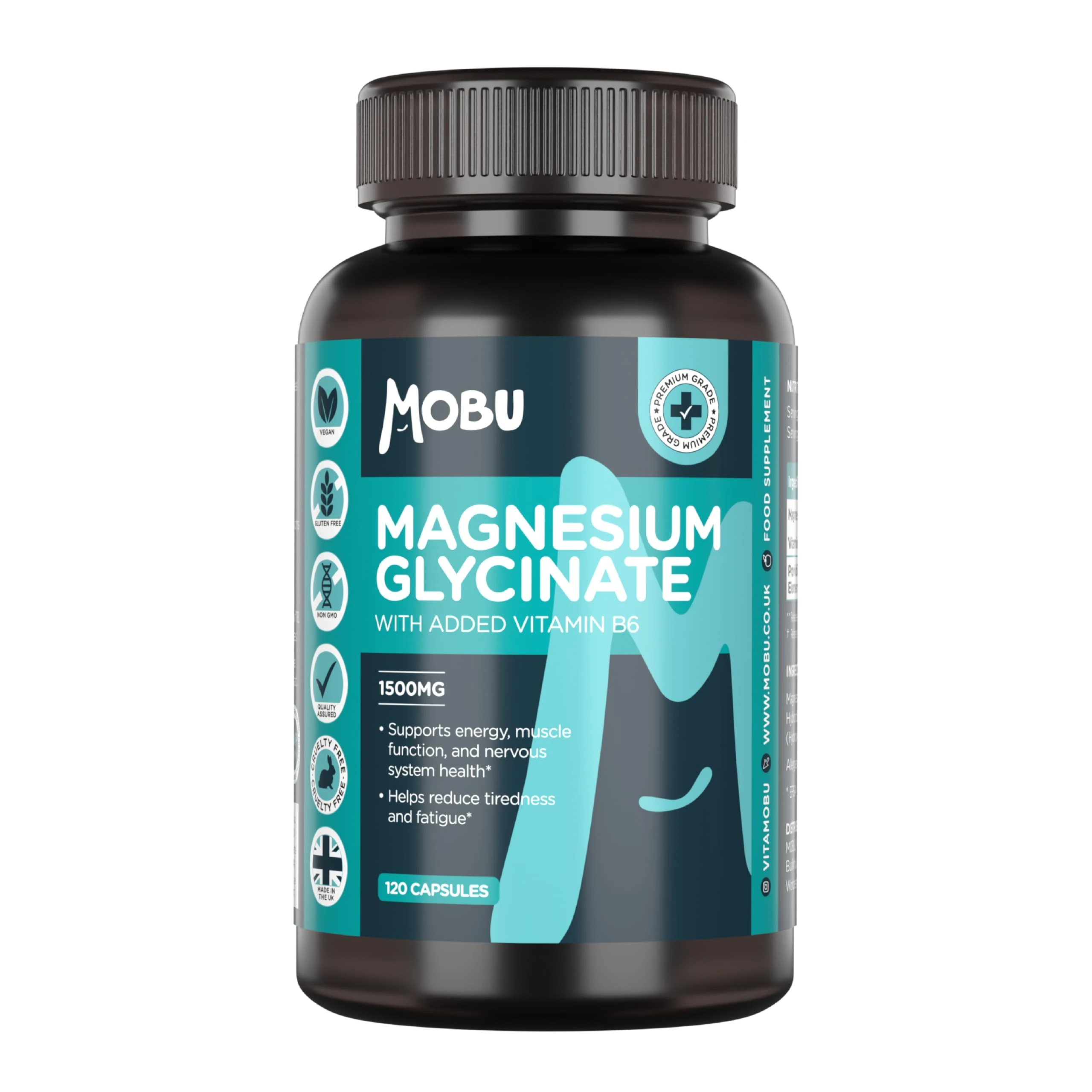 MOBU Magnesium Glycinate 1500mg with Vitamin B6 – 120 Vegan Capsules - High Strength - 315mg Elemental Magnesium - Pure with No Fillers or Binders UK Made