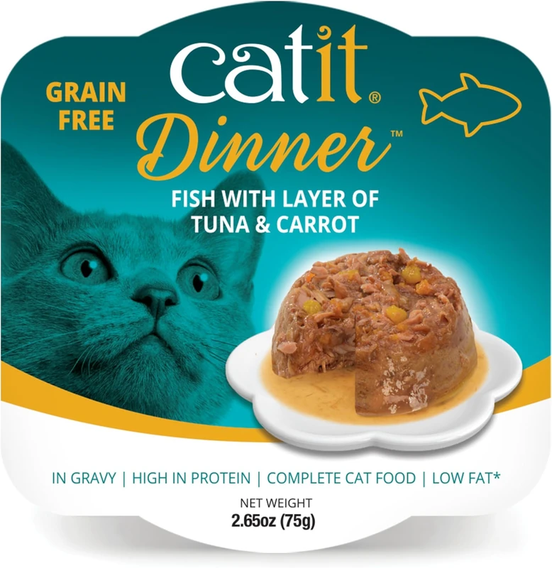 Catit Cuisine Dinner, Fish Topped with Tuna & Carrot Dual-Layered Terrine, Grain Free Wet Cat Food in Gravy, Real Meat Food for Adult Cats 1 x 75g (Pack of 6)