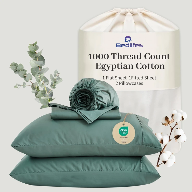 Bedlifes Egyptian Cotton Sheets 1000 Thread Count Queen Size, 4-Piece 16" Deep Pocket - Cooling & Breathable Ultra Soft Bedding for Hotel Comfort (Sage Green)