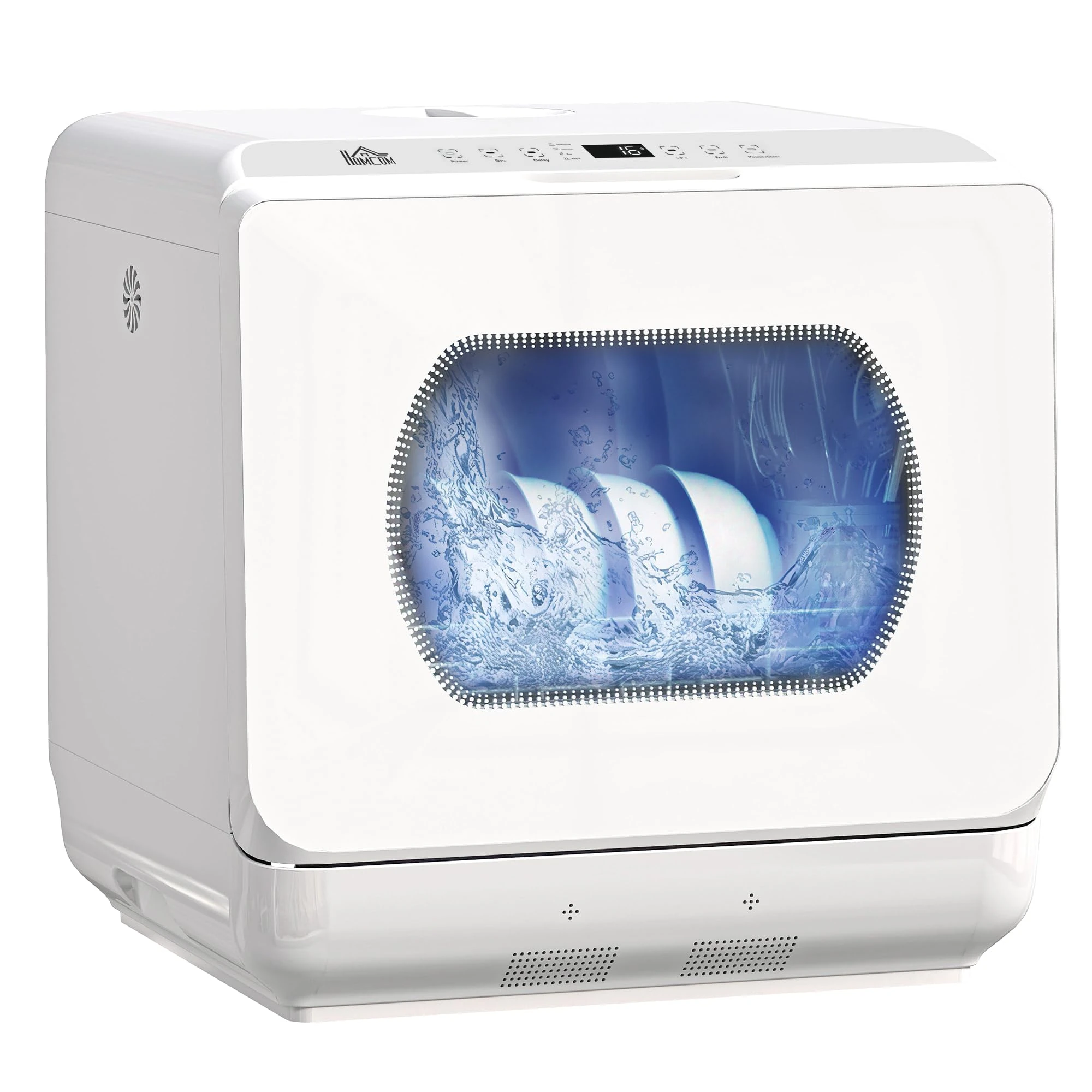 HOMCOM Table Top Dishwasher, Mini Countertop Dishwasher No Plumbing with Built-in 6L Water Tank, 6 Programs, Touch Control, LED Display, 4 Place Settings, Dual Water Supply and Fruit Wash, White