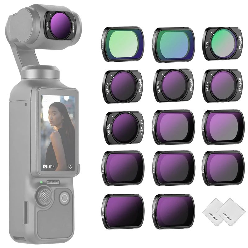 NEEWER 14 Pack Magnetic ND Filter Set Compatible with DJI Osmo Pocket 3 / Pocket 4 / Xtra Muse, CPL, ND8/16/32/64/128/256/1000, ND8/PL ND16/PL ND32/PL ND64/PL, Black Diffusion 1/4, LPR Effect Filter
