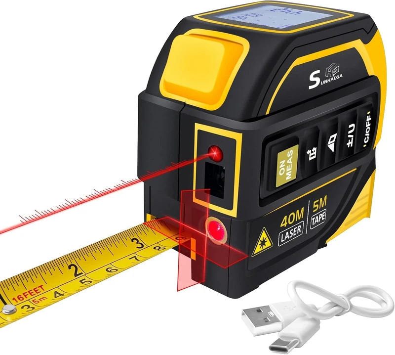 4-in-1 Laser Tape Measure with Laser Level Crosshairs |130ft/40m Laser Distance+16ft/5m AutoLock Tape | Backlit LCD Display (Ft/Inch/M/mm) | for DIY,Construction, Interior Design(Yellow)