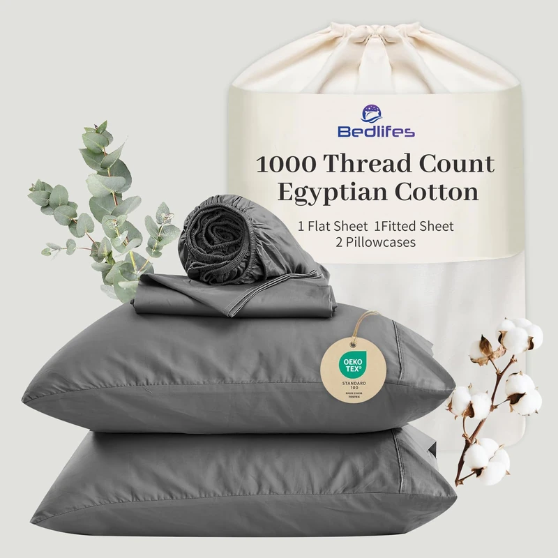 Bedlifes Egyptian Cotton Sheets 1000 Thread Count Queen Size, 4-Piece 16" Deep Pocket - Cooling & Breathable Ultra Soft Bedding for Hotel Comfort (Light Gray)