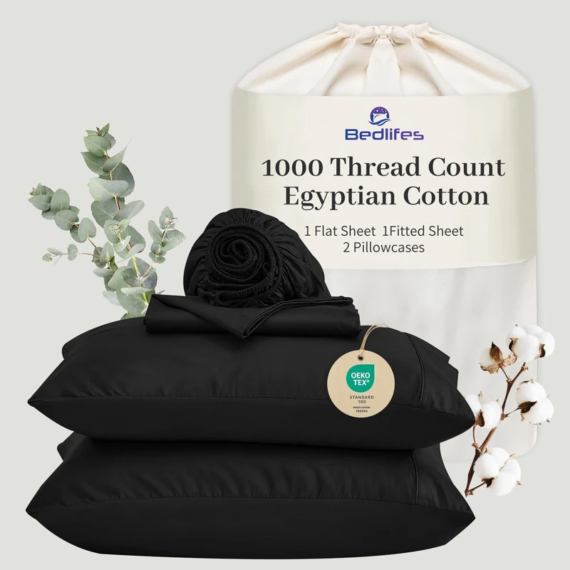 Bedlifes Egyptian Cotton Sheets 1000 Thread Count California King Size, 4-Piece 16" Deep Pocket - Cooling & Breathable Ultra Soft Bedding for Hotel Comfort (Black)