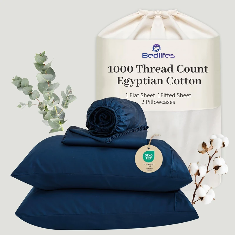 Bedlifes Egyptian Cotton Sheets 1000 Thread Count Queen Size, 4-Piece 16" Deep Pocket - Cooling & Breathable Ultra Soft Bedding for Hotel Comfort (Navy)
