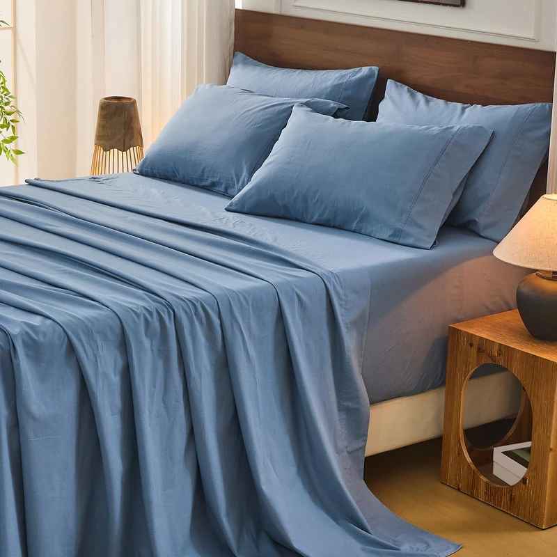 Bedlifes 100% French Flax Linen Sheets Set Queen Size - 6 Piece Extra Deep Pocket 18-24",Soft Breathable Queen Bed Sheets with Temperature Regulating & Moisture-Wicking(Flint Blue