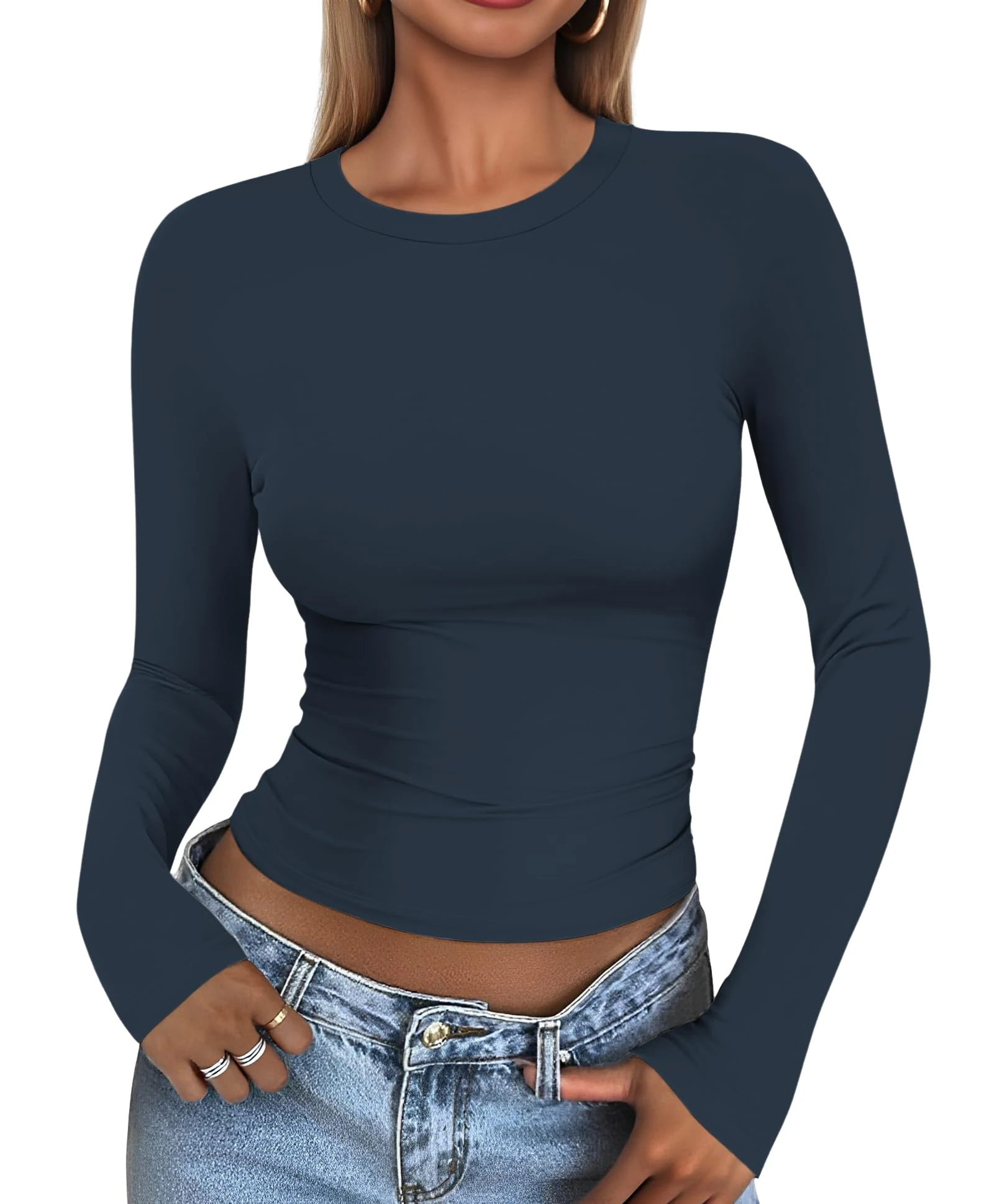 Cuptacc Long Sleeve Women's Tight Crew Neck Basic T-Shirt Long Sleeve Skims Lightweight Tops Women's Plain Long Sleeve Top, navy, M