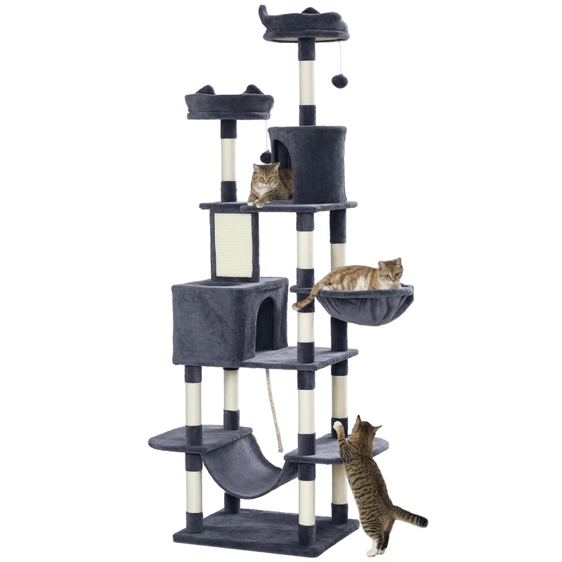 PawHut Cat Tree 206 cm, Cat Play Tower with Poles and Scratching Board, 4 Platforms, 2 Kennels, 1 Hammock, 2 Balls and Rope, Plush, Multiple Levels Ideal for 1-3 Cats Dark Grey