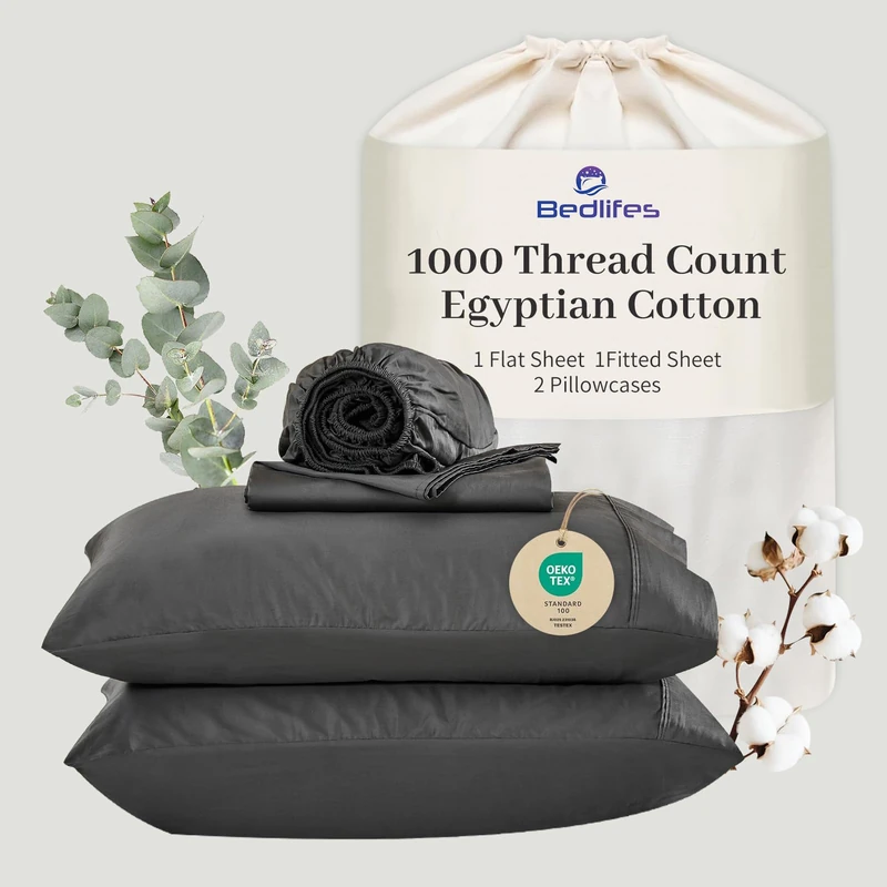 Bedlifes Egyptian Cotton Sheets 1000 Thread Count Queen Size, 4-Piece 16" Deep Pocket - Cooling & Breathable Ultra Soft Bedding for Hotel Comfort (Dark Gray)