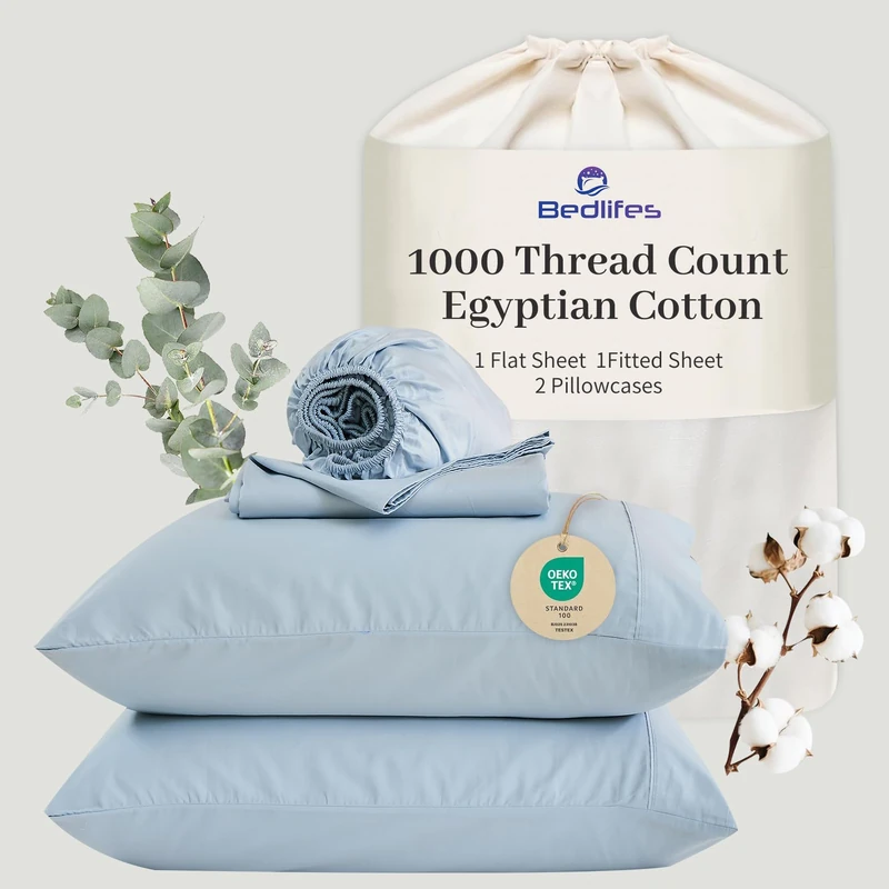 Bedlifes Egyptian Cotton Sheets 1000 Thread Count California King Size, 4-Piece 16" Deep Pocket - Cooling & Breathable Ultra Soft Bedding for Hotel Comfort (Light Blue)