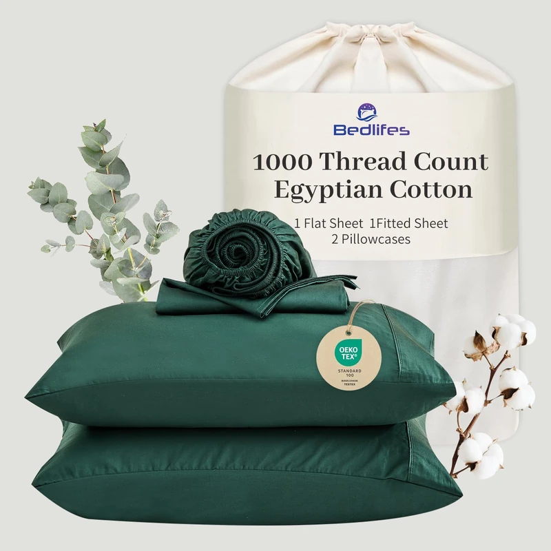 Bedlifes Egyptian Cotton Sheets 1000 Thread Count Queen Size, 4-Piece 16" Deep Pocket - Cooling & Breathable Ultra Soft Bedding for Hotel Comfort (Dark Green)