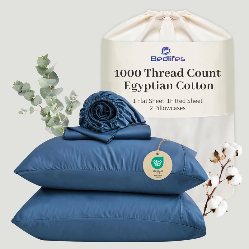 Bedlifes Egyptian Cotton Sheets 1000 Thread Count King Size, 4-Piece 16" Deep Pocket - Cooling & Breathable Ultra Soft Bedding for Hotel Comfort (Dusty Blue)