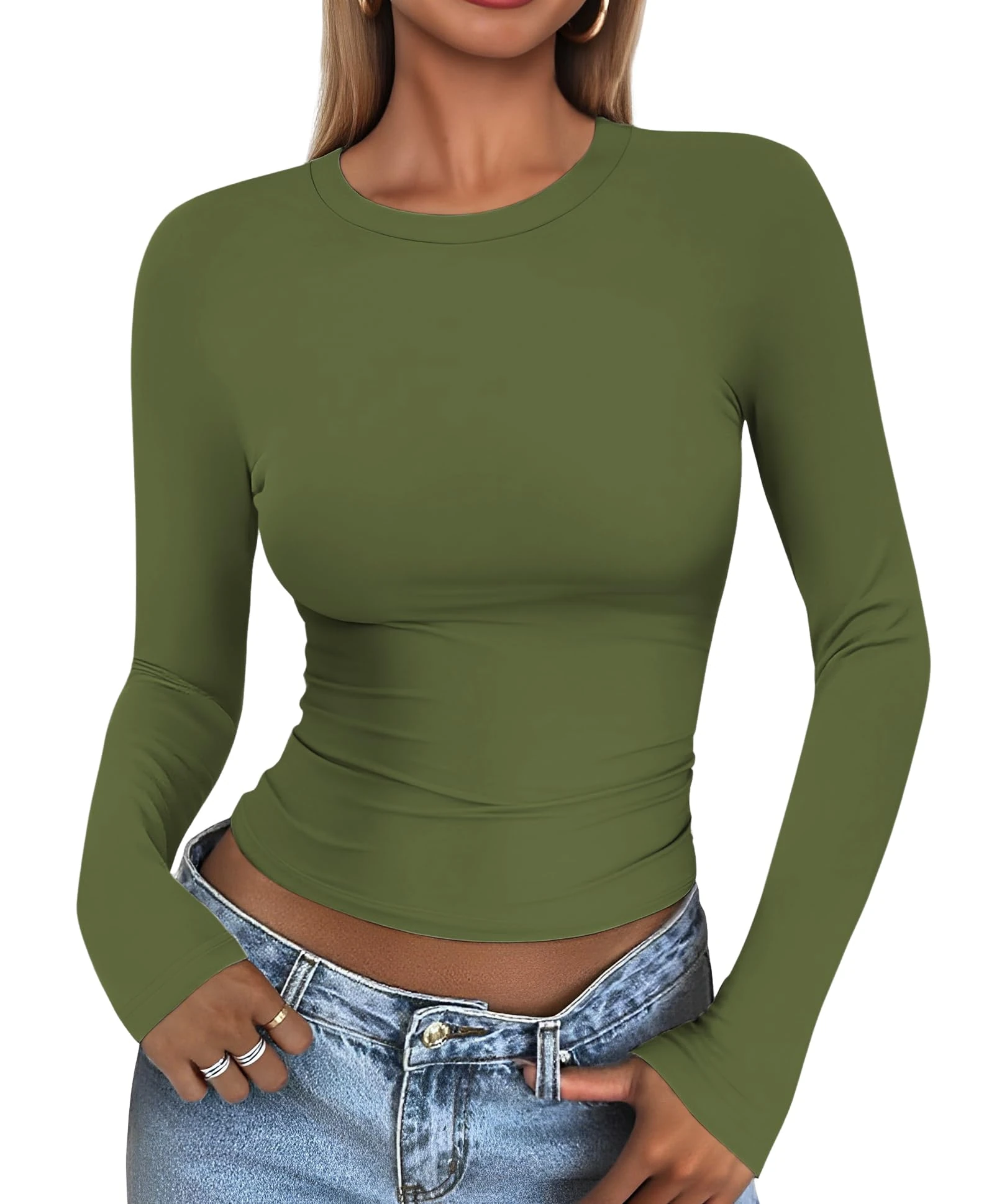 Cuptacc Long Sleeve Women's Tight Crew Neck Basic T-Shirt Long Sleeve Skims Lightweight Tops Women's Plain Long Sleeve Top, Green (military green), S