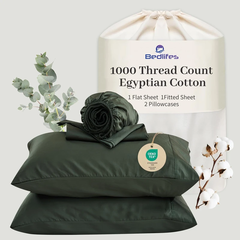 Bedlifes Egyptian Cotton Sheets 1000 Thread Count Queen Size, 4-Piece 16" Deep Pocket - Cooling & Breathable Ultra Soft Bedding for Hotel Comfort (Forest Green)