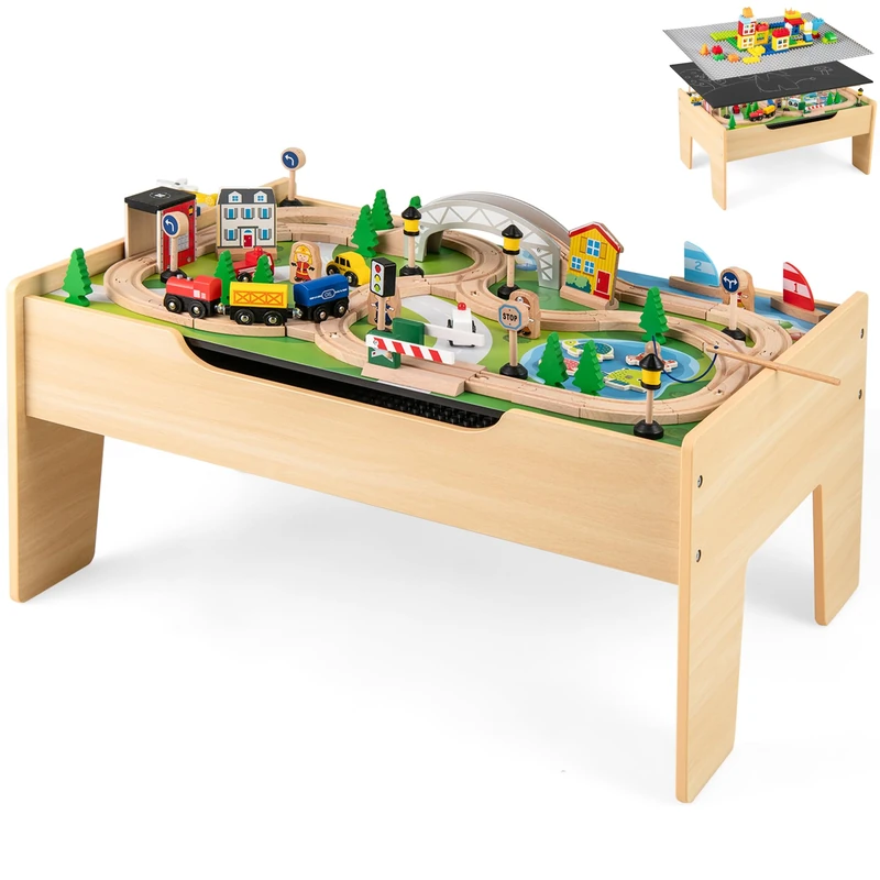 GYMAX Children Train Track Set, 5 in 1 Kids Activity Table with Reversible Top and Accessories (78Pieces), Wooden Train Playset for 3+ Years Old, 79 x 57 x 40cm