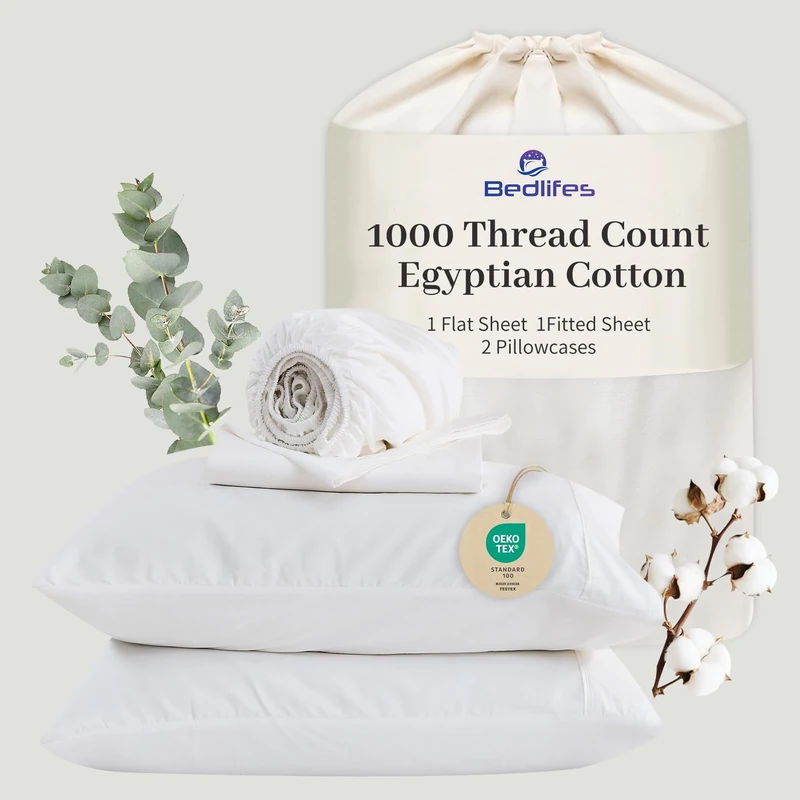 Bedlifes Egyptian Cotton Sheets 1000 Thread Count King Size, 4-Piece 16" Deep Pocket - Cooling & Breathable Ultra Soft Bedding for Hotel Comfort (White)