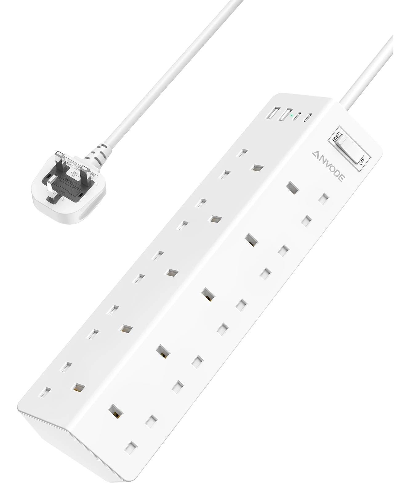 10 Way Extension Lead with USB Ports(2 USB C), ANVODE Multi Plug Power Strip with Switch, Plug Extension Socket for Home Office Dorm, 2M Extension Cord, White