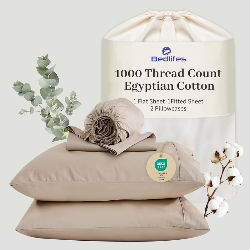 Bedlifes Egyptian Cotton Sheets 1000 Thread Count California King Size, 4-Piece 16" Deep Pocket - Cooling & Breathable Ultra Soft Bedding for Hotel Comfort (Linen)