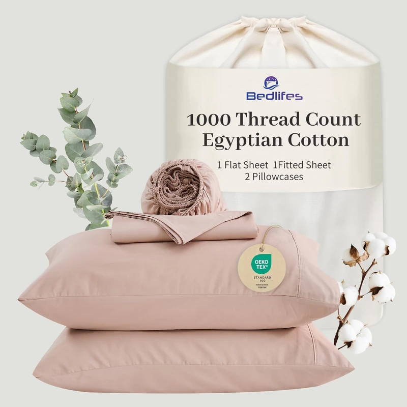 Bedlifes Egyptian Cotton Sheets 1000 Thread Count California King Size, 4-Piece 16" Deep Pocket - Cooling & Breathable Ultra Soft Bedding for Hotel Comfort (Dusty Pink)