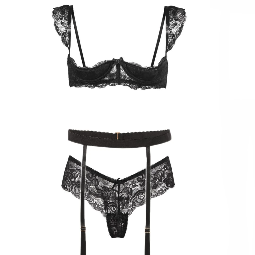KFLY Women's Sexy Lingerie Sets Naughty Quarter Cups Lace Bra and Panty Babydoll Teddy Hollow Out Nightwear Sleepwear with Thong Garter Belt 3 Pieces(Black,M)