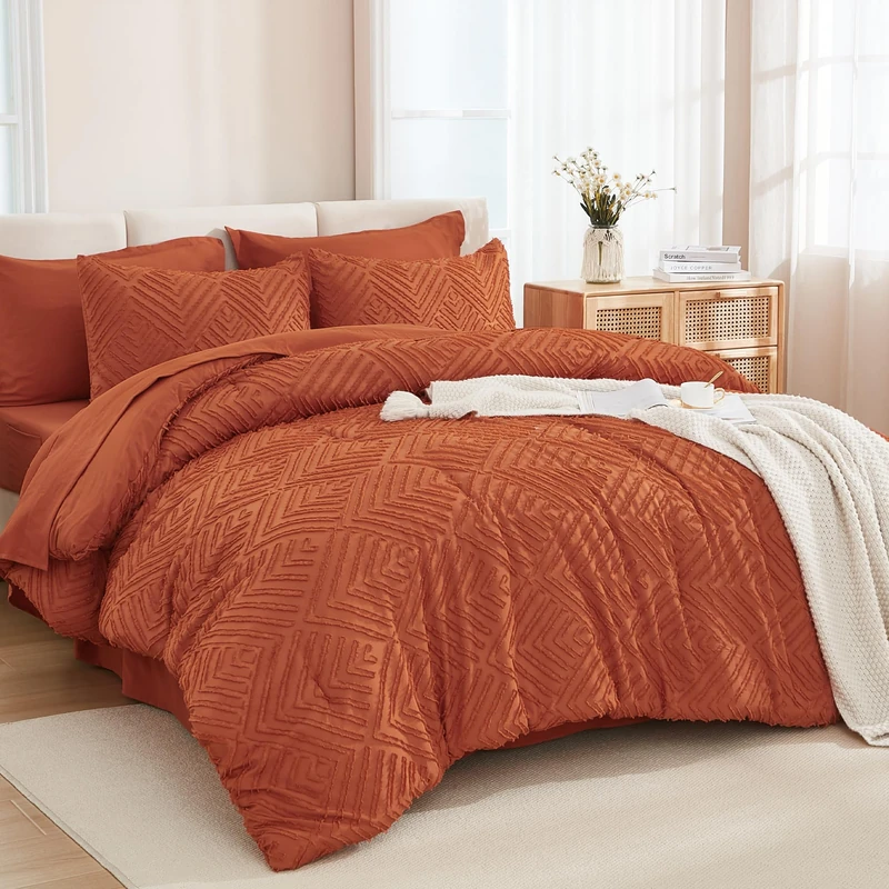 Andency Oversized Queen Comforter Set 7 Pieces, Burnt Orange