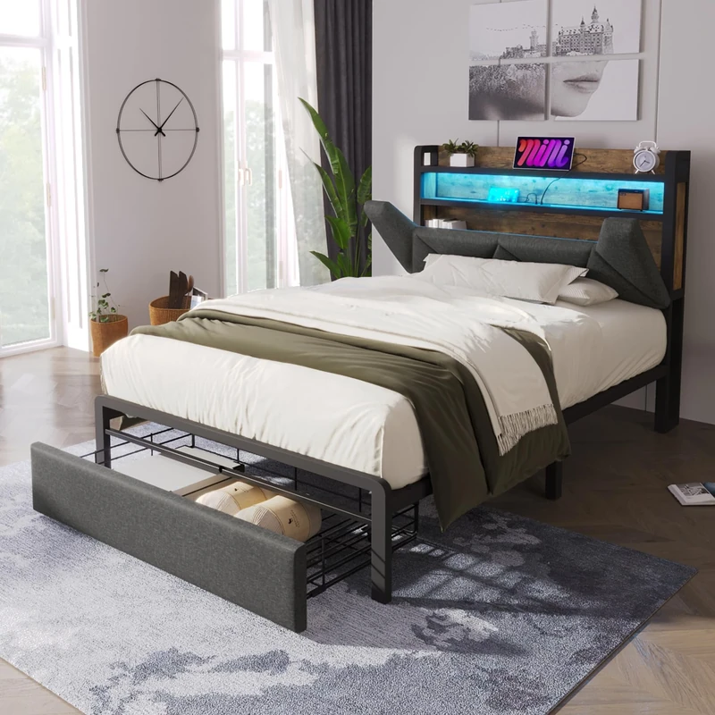 Merax 3FT Upholstered Bed Frame with Hidden Storage Headboard and Drawers, Stylish Single Bed with LED Lighting and USB Type-C Charging Function, Metal Slatted Frame, Linen, Grey, 90x190 cm