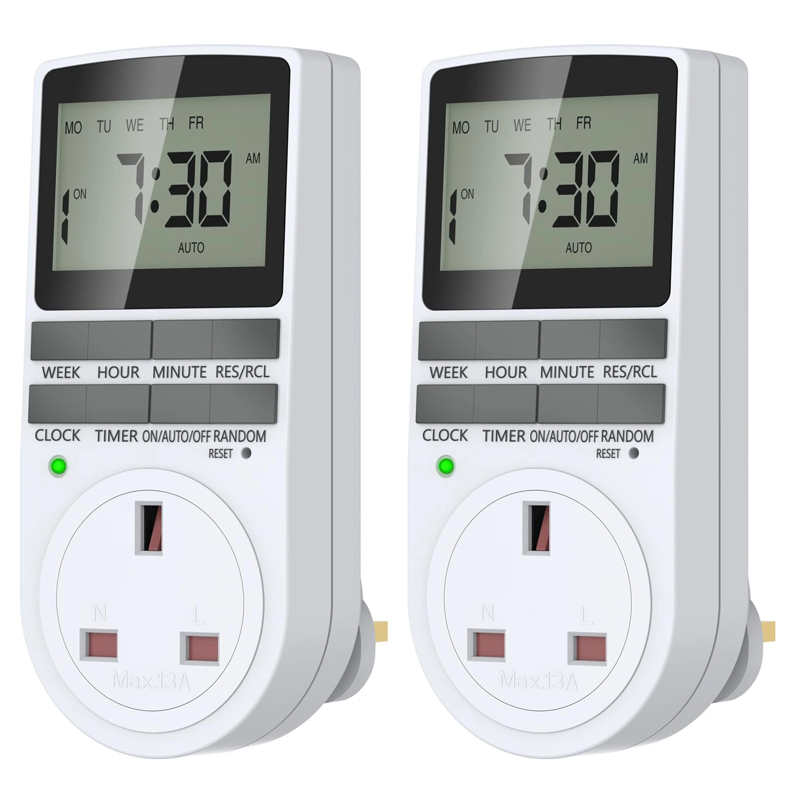 UrbanLuxe 2 Pcs Digital Security Timer Plug Socket with 10 ON-Off Programs, Electrical Timer Plug with LCD Display, Security Random Mode, Suitable for Home Appliances (240V/13A/3120W)